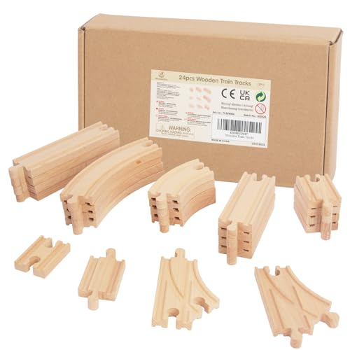 wooden train tracks 24 piece set track expansion and 9 distinct pieces - 100 compatible with all major brands including thomas wooden railway system
