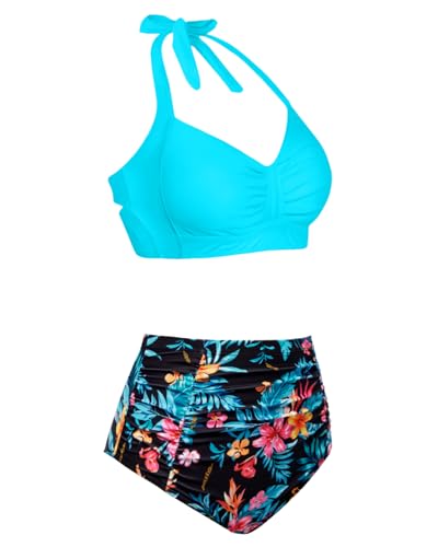 Image of Holipick Women High Waisted Bikini Set Two Piece Swimsuit Tummy Control Bathing Suit Vintage Halter Swimwear
