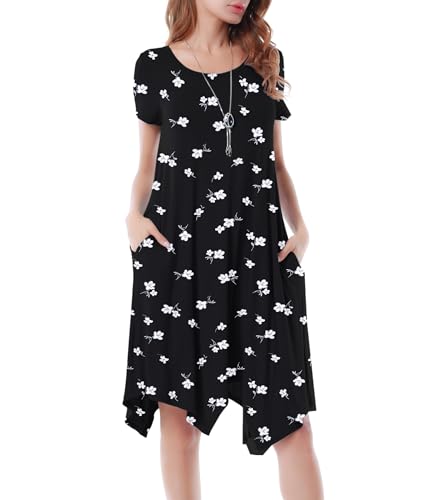 Image of Women Casual Loose Soft Crewneck Short Sleeve Pockets Swing T-Shirt Dress