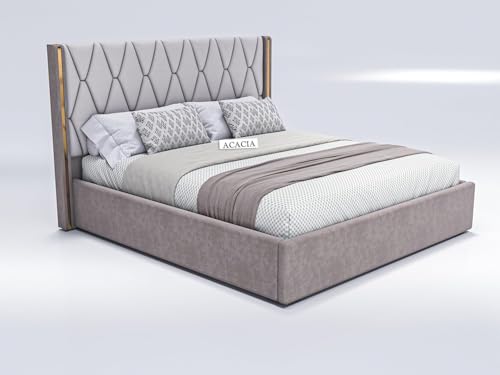 Image of Modern Upholstered Queen Size Bed with Hydraulic Storage for Bedroom | Wooden Double Beds for Home & Hotels | Platform Cot Bed with Upholstery Fabric, 6.5 x 5 Ft | Sheesham, White-Brown