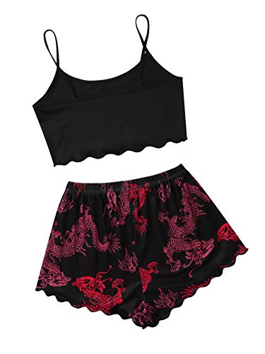 SOLY HUX Women's Cute Cartoon Print Lettuce Trim Cami Top and Shorts Cute Pajama Set Sleepwear Black Dragon S - Image 3