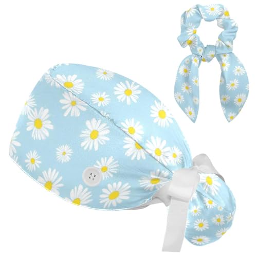 Image of Butterfly Scrub Cap Women with Ponytail & Buttons Adjustable Surgical Nurse Hat with Cotton Sweatband for Long Hair