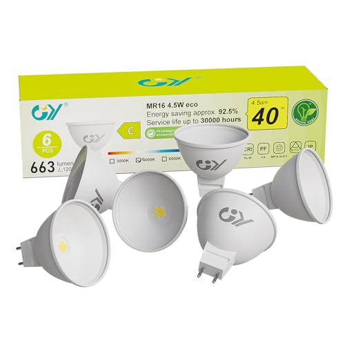 GY Bombilla LED GU5.3 12V 4.5W, (Eq. 40W) 663LM 4000K Blanco Neutro, Ángulo de Haz 110°, Sin Parpadeo, CRI＞80, No Regulable, Bombillas LED MR16 Clase C, Paquete de 6