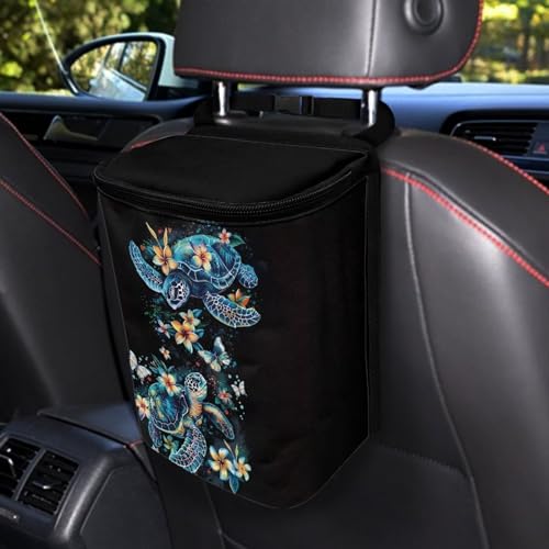 Image of Talayituse Turtle Plumeria Print Car Trash Bin, Large Size Auto Trash Can Adjustable Portable Garbage Can with Lid, Vehicle Hanging Bag for Headrest Front Back Seat