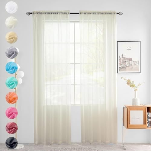 Youleyar Sheer - Set di 2 tende trasparenti in voile, poliestere, con asta, trasparenti, per soggiorno, camera da letto, larghezza 140 x altezza 145 cm, colore: avorio