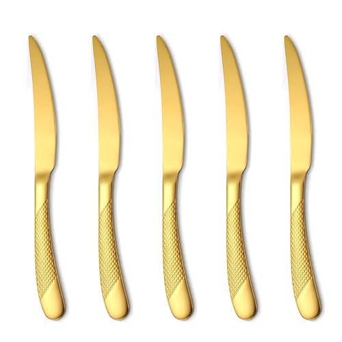 Image of Aurum Gold French Style Silverware | 5-Piece Hammered Dinner Knife Set with 2-in-1 Serrated Steak Knife | Stainless Steel Flatware | Elegant Cutlery for Home, Restaurants & Gifting