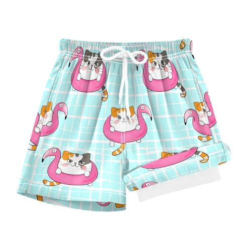 Cats with Flamingo Floaties Boys Swim Trunks with Compression Liner Quick Dry Bathing Bottom Kids Beach Shorts