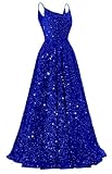 Tianzhihe Women's Spaghetti Straps Sequin Prom Dresses 2024 Long Sparkly Formal Ball Gowns Royal Blue Evening Party Gown with Pockets Royal Blue 10
