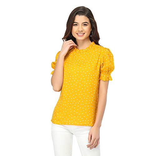 Trendy Floral Top with Short Puffed Sleeves and Ruffled Collar for Women – 100% Viscose Rayon Trendy Floral Top with Short Puffed Sleeves and Ruffled Collar for Women – 100% Viscose Rayon