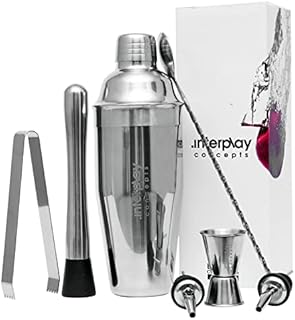 Cocktail Shaker Set, 8 Pieces Cocktail Set, Cocktail Shaker 750ml Large Stainless Steel with Jigger, Pourers, Tong, Muddler and Bar Spoon for Christmas Gifts for Him by Interplay Concepts