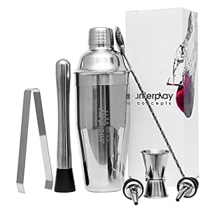 Cocktail Shaker Set, 8 Pieces Cocktail Set, Cocktail Shaker 750ml Large Stainless Steel with Jigger, Pourers, Tong, Muddler and Bar Spoon for Christmas Gifts for Him by Interplay Concepts