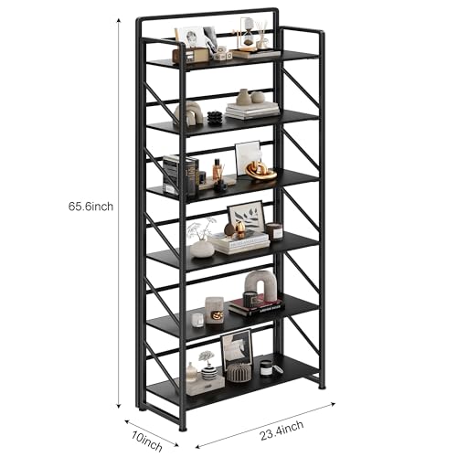 Image of JSB No Assembly Folding Bookshelf, 6 Tier Industrial Metal Book Shelf for Storage, Vintage Wood Foldable Bookcase for Living Room, Bedroom, Office Organization Shelves