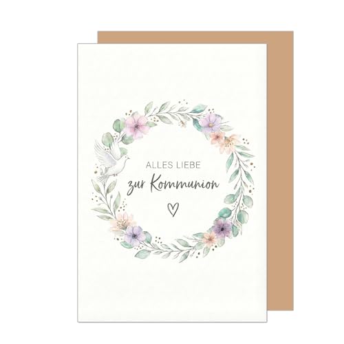 Edition Seidel Premium Glückwunschkarte zur Kommunion mit Umschlag. Kommunionskarte Karte Grußkarte Spruch Sprüche Mädchen Junge Jugendliche Lorbeer Blüten Kranz Taube (KO341 SW026)