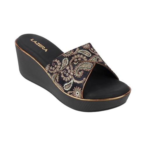 Image of Lazera Platform Wedge Sandals|Sandals for Women|Platform Heels|Floral Brocade Synthetic|Slip On|Regular Fit|2.5 Inch Heel