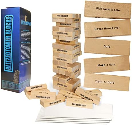 Blitzed Tower Blocks Stacking Party Game | 54 Blocks with Fun Tasks and Entertaining Commands | 4 Colored Glass Cups | Sticker Packet for Customization | Ultimate Game Night Fun