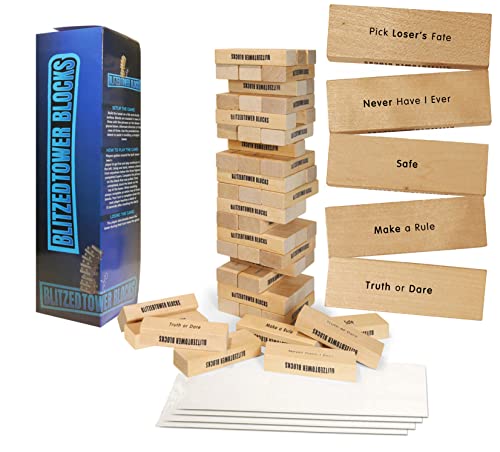 Blitzed Tower Blocks Stacking Party Game | 54 Blocks With Fun Tasks And Entertaining Commands | 4 Colored Glass Cups | Sticker Packet For Customization | Ultimate Game Night Fun #TOP8
