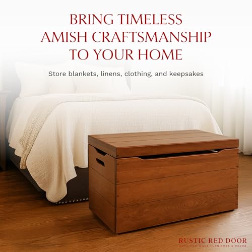 Image of Amish Made Wooden Storage Chest Trunk Box with Lid and Handles for Bedroom, Blanket, Clothes, Anti-Slam Hinges, Handmade, Rustic, Cherry Wood, W. Cherry Stain, 36 inch