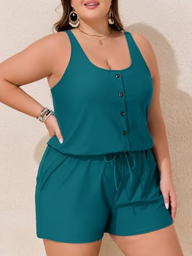 Image of Summer Mae Plus Size Swim Romper One Piece Swimsuit Women Blouson Bathing Suit with Pockets 2026 Modest Swimwear Teal 20 Plus