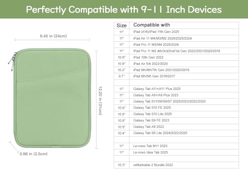 Image of Dadanism 9-11 inch Tablet Sleeve Bag Carrying Case for iPad (A16) 11th Gen 11 inch, iPad 10th Gen 10.9 inch Air 5 /4, iPad Air M4 /Pro 11 inch, iPad 9 /8 /7th, Galaxy Tab A11+ Plus 11 inch, Remarkable 2 10.3 inch, Light Green