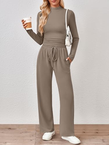 Trendy Queen Womens 2 Piece Matching Lounge Set Mock Turtleneck Top Wide Leg Pants Casual Sweatsuit with Pockets