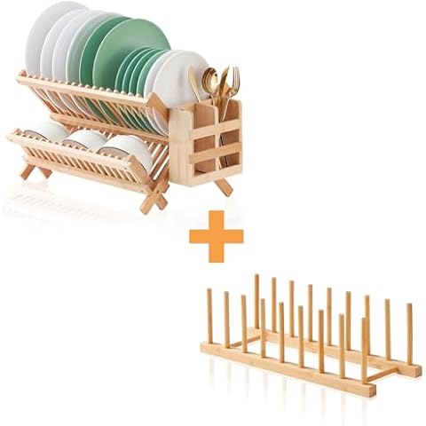 Worthyeah 2 Pack Bamboo Dish Drying Rack, 2 Tier Collapsible Dish Rack with Utensil Holder and Dish Plate Pot Lid Organizer for Cabinet Cover