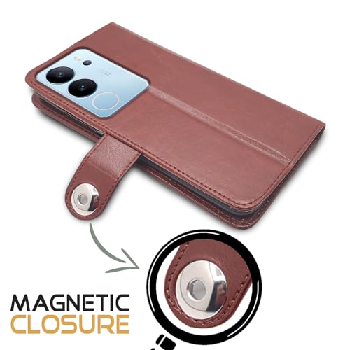 Image of Pikkme Vivo V29 / V29 Pro 5G Flip Cover Leather Finish | Inside TPU with Card Pockets | Wallet Stand and Shock Proof | Complete Protection Button Flip Case (Brown)