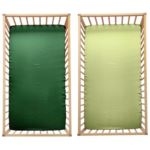 Image of SiinvdaBZX 2 Pcs Satin Crib Sheets for Baby Hair, Emerald & Sage Green | 52 x 28 Inch Silk-Like Soft Fitted Crib Sheets Baby Mattress Sheets for Standard Crib, Toddler Mattress, with 8 Inch Pocket