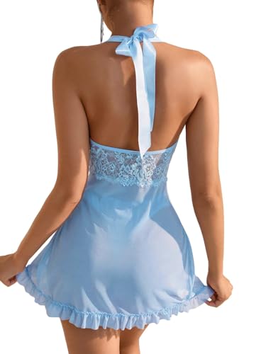 Image of Foxiny Sexy Halter Open Front Ruffle Sheer Mesh Lace Babydoll Lingerie Dress with Thong 2 Piece