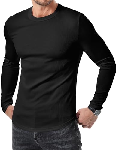 JMIERR Long Sleeve Shirts for Men Muscle Slim Tight Stretch T Shirt Crew Neck Longline Basic Tee Gym Workout Ribbed T-Shirts, 2XL, Black