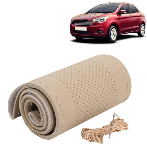 Image of KINGSWAY PU Leatherite Car Steering Cover Sewable Compatible with Ford Figo Aspire (Year 2014-2021), Beige Color with Beige Thread, Pack of 1 with Sewing Needle and Thread
