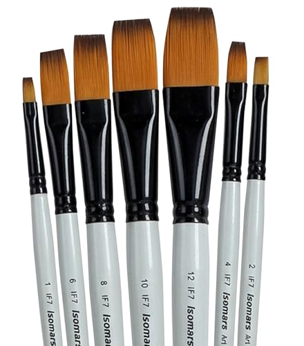 Image of Isomars Professional Flat Paint Brush Set of 7 - Synthetic Bristle Brushes for Acrylic, Watercolor, Oil, Gouache & Craft Painting | Premium Artist Brushes for Canvas, DIY Art & Mixed Media