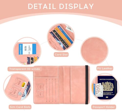 Image of PU Leather Passport Holder Travel Wallet Organiser for Men & Women | 4 Card Slots 2 SIM Slots Money Case | Travel Document Case Cover Passport Pouch Slim Unisex Gift - (Pack of 2) Pink