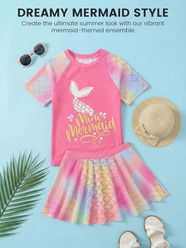 JiAmy Mädchen Badeanzug 2 Teilig, Kurzarm Schwimmshirt mit Rock Badeshorts UV Schutz Badebekleidung Kinder Mädchen Schwimmanzug Bademode 8 Jahren, Gr.128