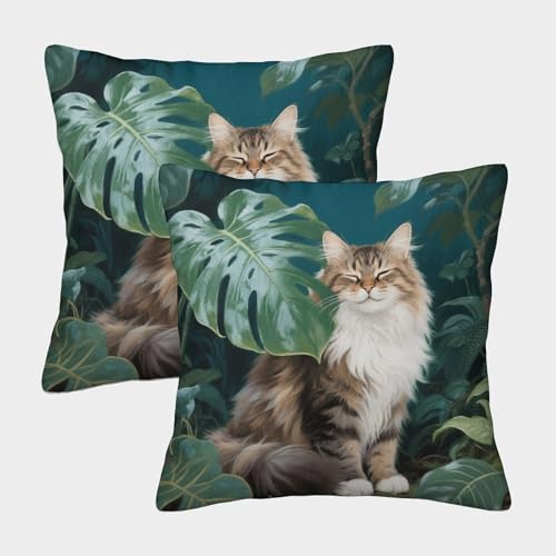 Funda De Cojín con Gato del Bosque Noruego Juego De 2, Microfibra Suave Funda De Almohada con Cremallera Oculta, Fundas Decorativas para Sofá Coche Cama Sillas, 45x45cm