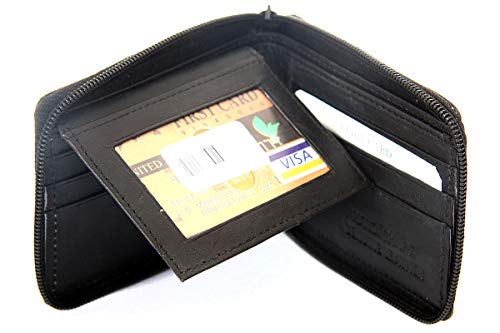 Men's Leather Zip-around Bifold 6 Credit Card 2 Id Window Wallet 4.5x3.5 inches