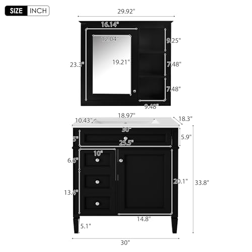 Image of Merax 30 Inch Bathroom Vanity with Sink Set, Modern Bathroom Vanity Storage Cabinet with Matching Mirror Medicine Cabinet, Solid Wood Frame,Painted Finish, 2 Drawers and 1 Tip-Out Drawer, Black