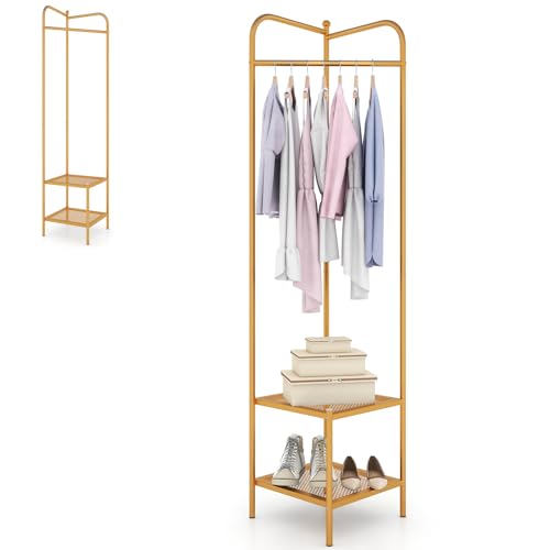 HOMASIS 3 en 1 Portemanteau d'Angle en Métal avec Tringle à Vêtements, Etagère à Chaussures et Rangements, Meuble Vestiaire d'Entrée pour Couloir, Salon,...