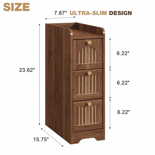 Image of 7.87 inch Narrow Nightstand Set of 2, Fluted Slim Bedside Table with 2 Drawers, Mid Century Modern Small End Table with Gold Metal Handles, for Bedroom, Living Room & Small Spaces - Walnut