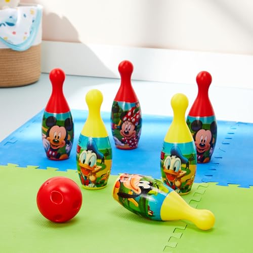 Image of Amazon Brand Jam & Honey Mickey Mouse Bowling Set for Kids, BIS Safe for Kids, Indoor Outdoor Bowling Game with 6 Pins and Ball, Fun Skill Building Toy for Kids Age 3+ Years
