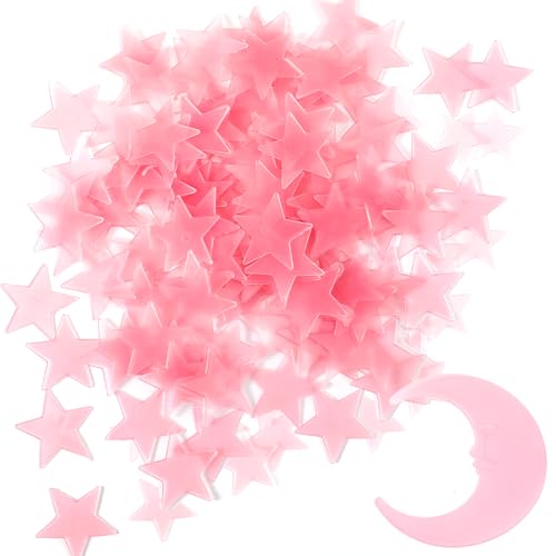 100 Stars & 1 Moon Glow in The Dark Stars for Ceiling, Pink Glowing Wall Stickers with Adhesive Pads, Plastic Luminous Fluorescent 3D Glowing Star for...