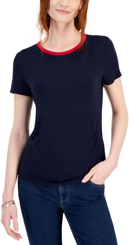 Tommy Hilfiger Women's Side-Cinch Short-Sleeve T-Shirt (Sky Captain, X-Large)
