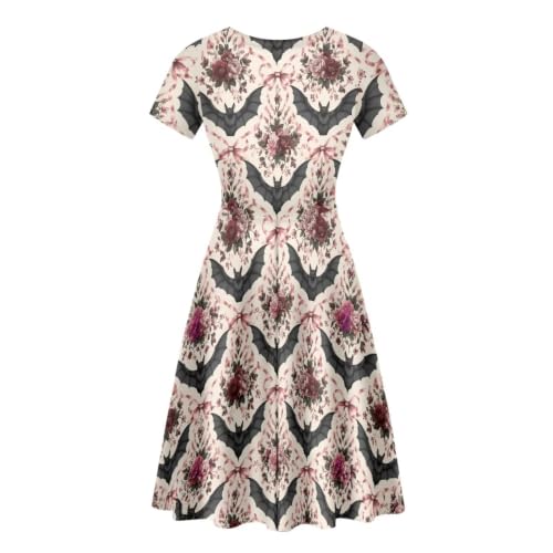 Image of POLERO Women Puffy Swing Elegant Party Midi Dresses Short Sleeve Round Neck A-Line Dress