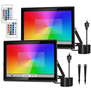LED Flood Lights RGB Lights 1000W Equivalent 10000 LM, Outdoor Color Changing Led Party Stage Halloween Christmas Lights Remote Control IP66 Waterproof Landscape Garden Decorations 2 Pack