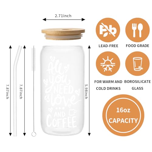 AUOIAJAS Glass Cup with Bamboo Lids and Glass Straws, All YOU NEED IS LOVE AND COFFEE Print Drinking Glasses, Gifts for Coffee Lovers, 16oz Can Shaped Glass Cups, Soda Iced Coffee Beer Glasses