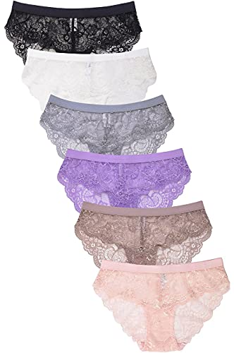 247 Frenzy Women's Essentials Pack of 6 Nylon Spandex Sexy Allover Lace Bikini Panty Underwear LP7999LK (Small)
