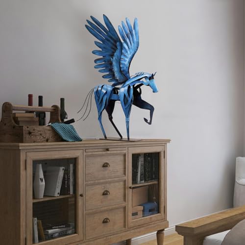 Horse Statue Décor Artwork, 24" H Handmade Metal Pegasus Greek Flying Horse Sculpture, Hand-Painted Animal Figurines for Home Living Room Office (Vintage Blue with Wings) - Image 5