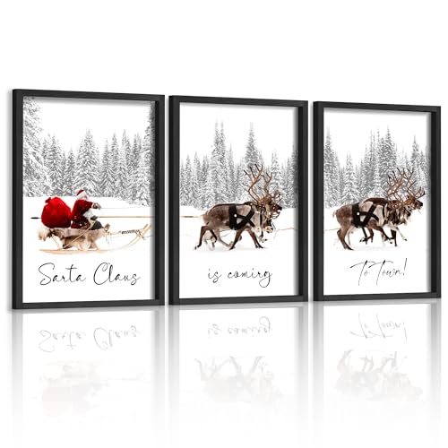 Set of 3 Framed Christmas Wall Art Farmhouse Santa Claus Is Coming To Town Wall Decor Vintage Holiday Home Decor Black