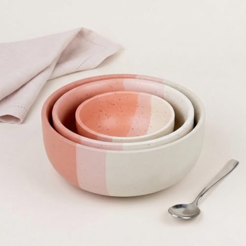 Image of The Earth Store Tritone Pink Ceramic Serving Bowl Set of 3 - 800ML, 500ML, 150ML Microwave Safe Bowl, Elegant Serving Bowl | Ceramic Bowl Set of 3 for Home | Restaurants | Gifting