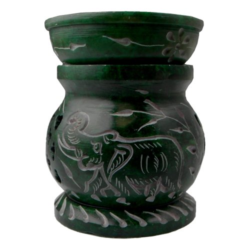 Green Elephant Soapstone Essential Oil Burner/Aromatherapy Oil Diffuser with Jali Cut Out Designs and Floral Carving - Small
