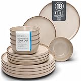Steingut Geschirrset 6 Personen Rustic 18 tlg. TESTSIEGER, Hochwertiges Landhaussttil Steingut Geschirr Set, Schüssel- und Teller Set, Tafelservice 6 Personen, Geschirrsets Pure Living in Beige